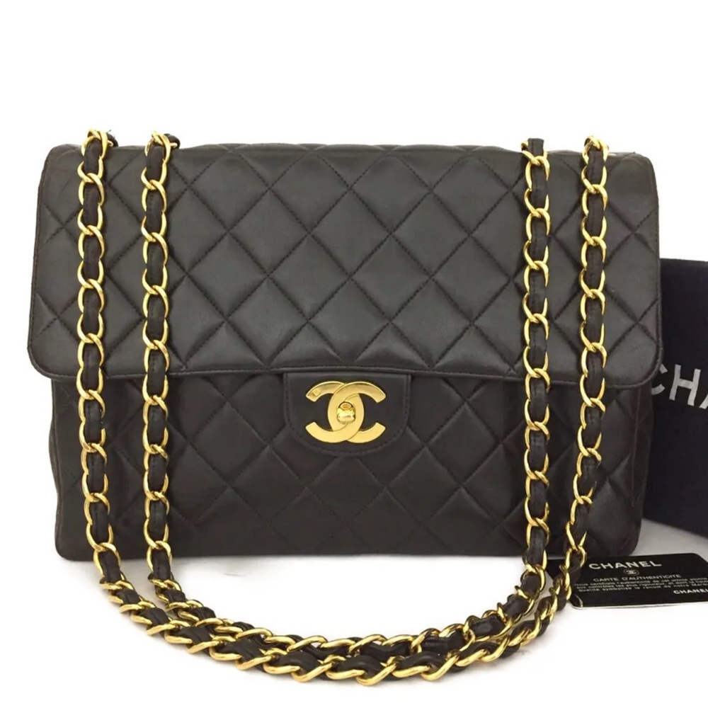 CHANEL Classic Black Leather Jumbo 30 / 24k Gold Chain Flap Bag +Card/Duster +